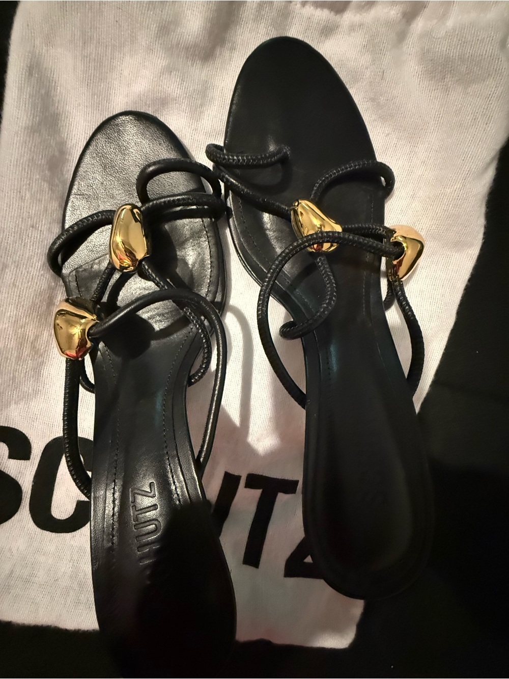 SCHUTZ Black Slide Sandals with Gold Accent Hardware